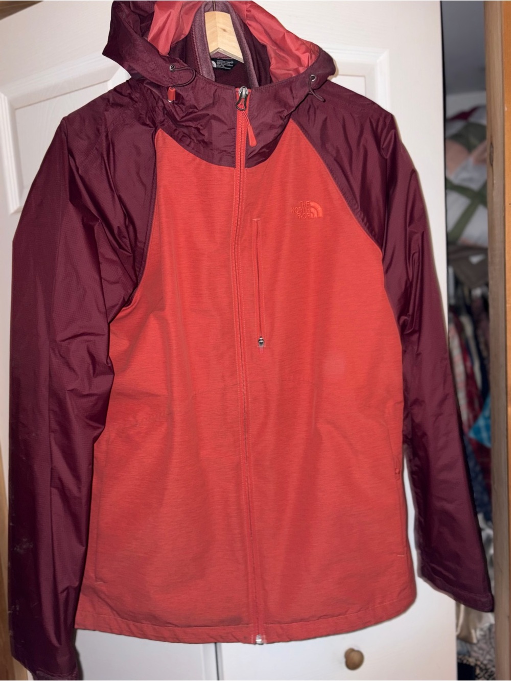 The North Face Two-Tone Red and Maroon Hooded 3 in 1 Winter Jacket